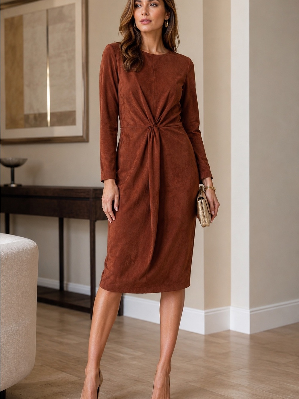 Classic faux suede Twist-Front Long-Sleeve Sheath Dress in Rust NWOT